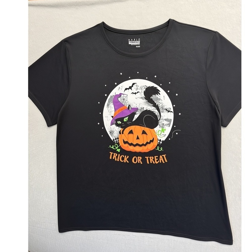 Basic Editions Halloween T-Shirt Womens XL Black Trick or Treat Cat